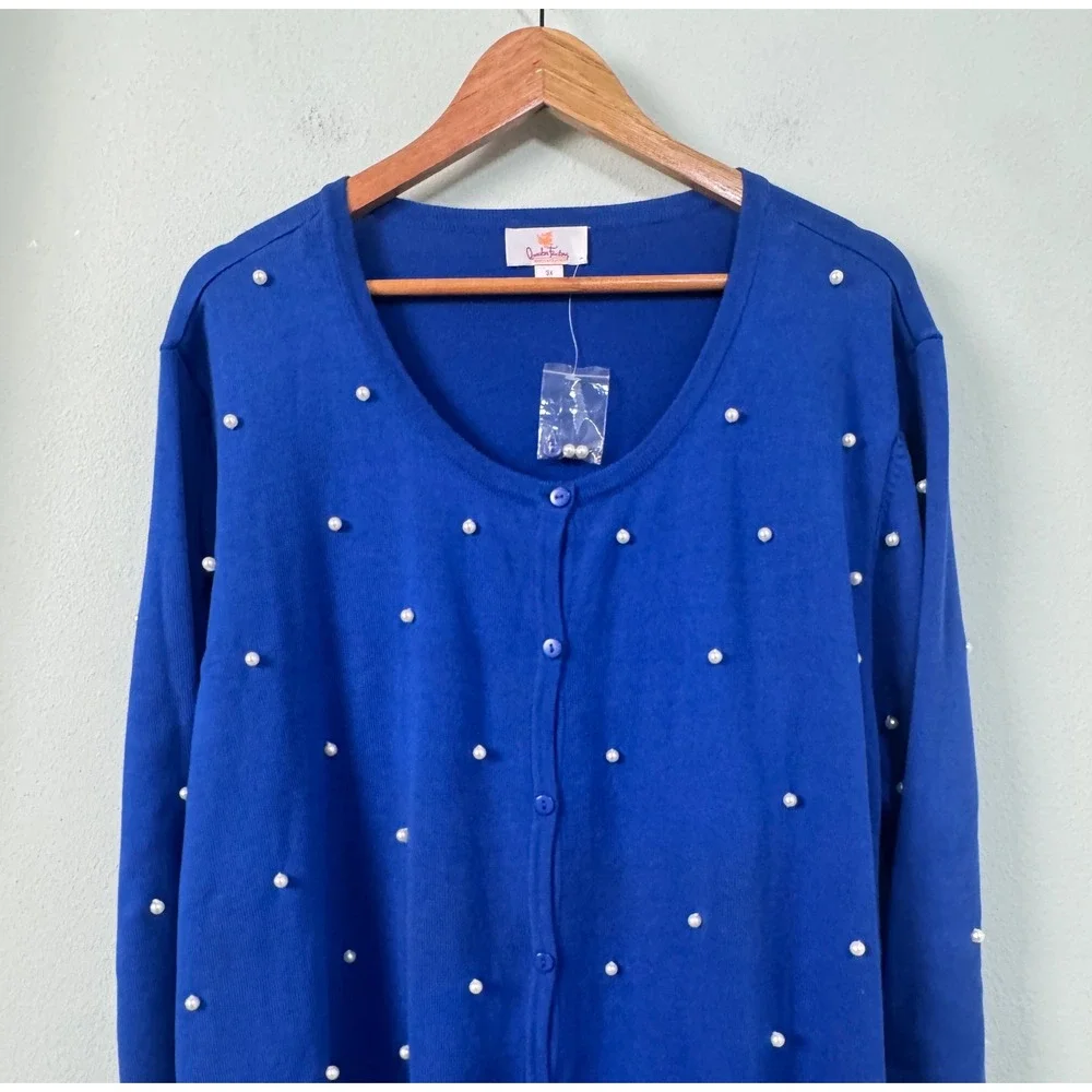 Quacker Factory Royal Blue Pearl Embellished 2 Piece Cardigan Shell Set 3X NEW